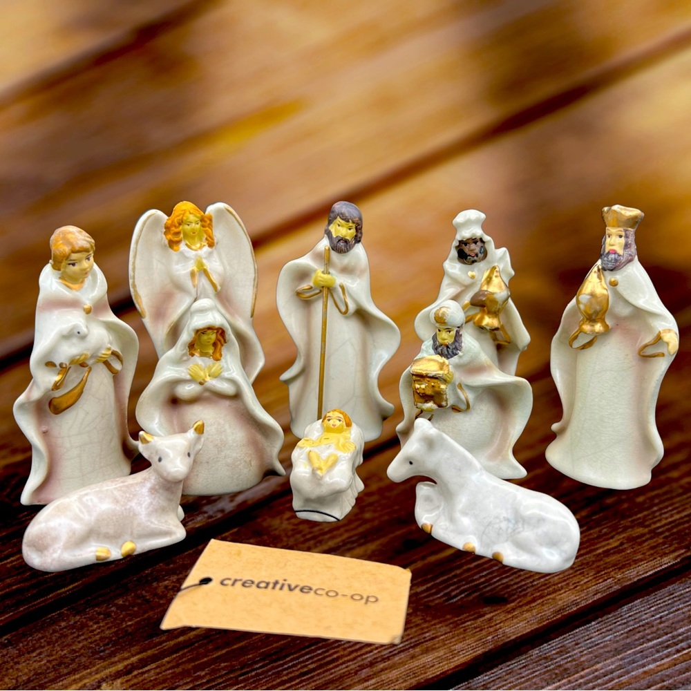 10 Piece Crackled Ivory & Gold  Stoneware Nativity By Creative Co-op